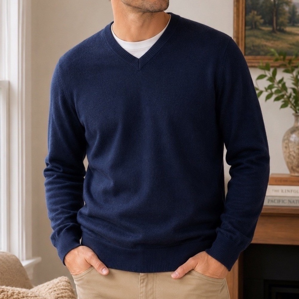 Banana Republic V-Neck Sweater Mens S Navy Blue Extra Fine Merino‎ Wool Pullover